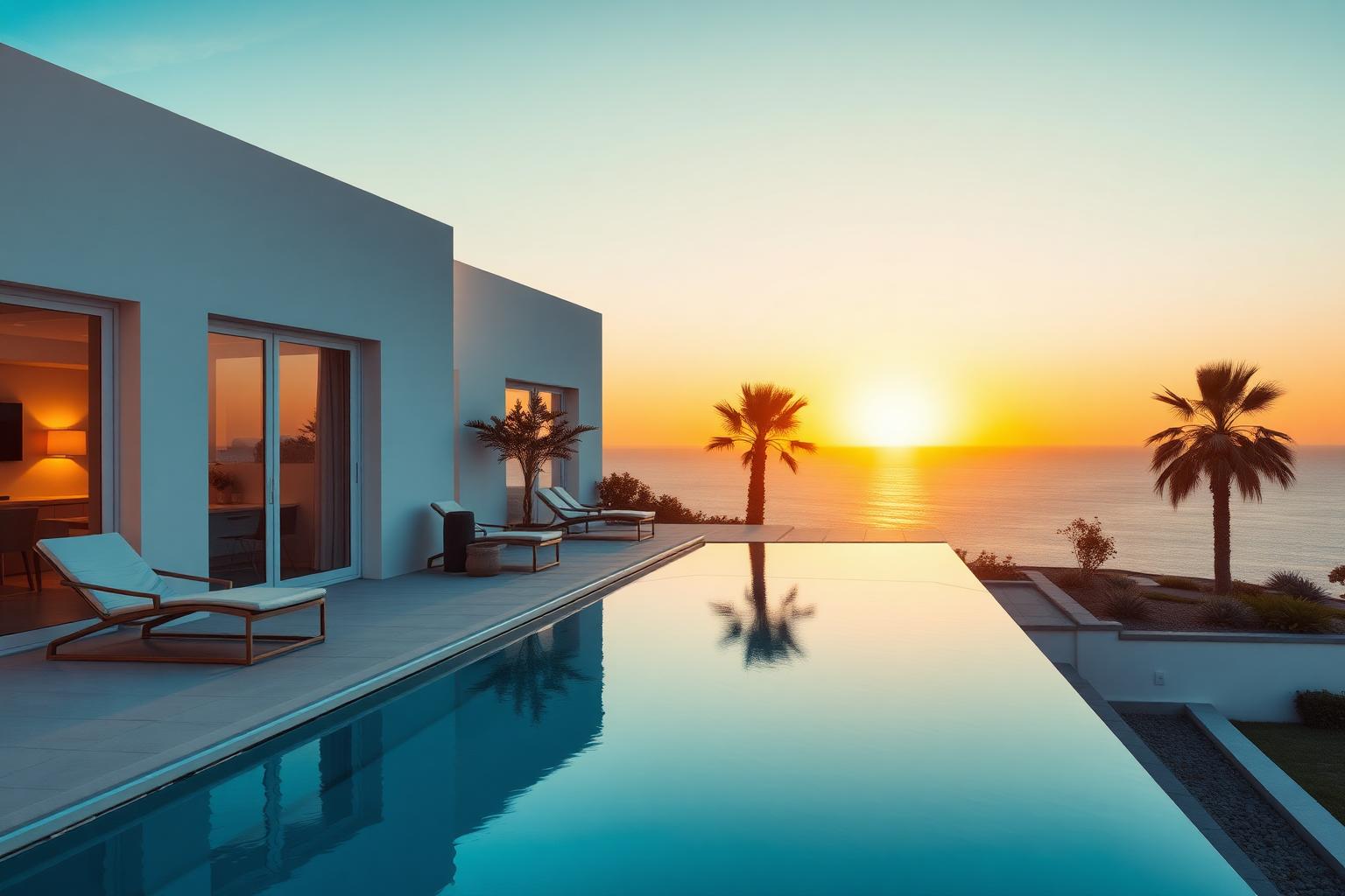 Terraço com piscina infinita e vista mar ao pôr do sol, Algarve